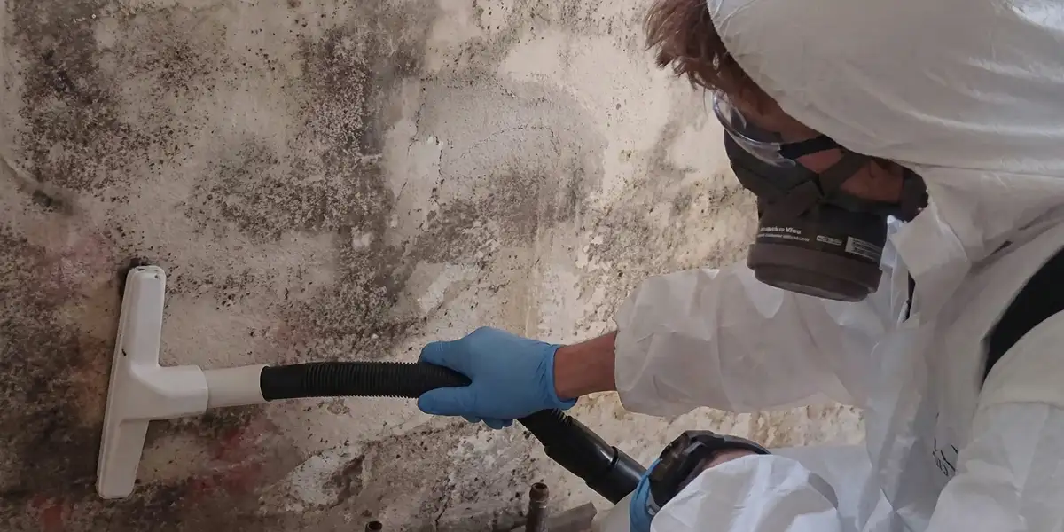 professional mold removal technician wearing protective equipment removing mold from a wall in Columbia, SC
